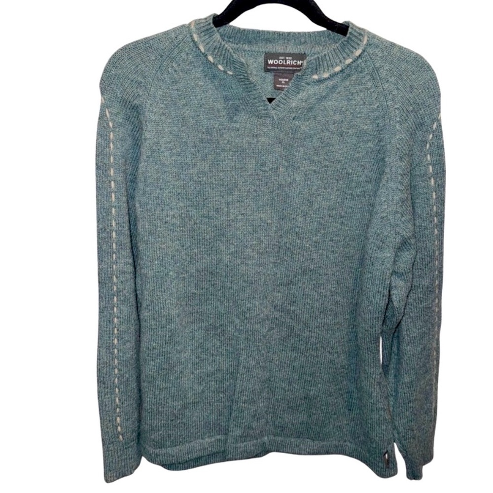 Woolrich 100% Wool Whipstitch Sweater Nordic Folk Cozy Turquoise Blue Women’s XL